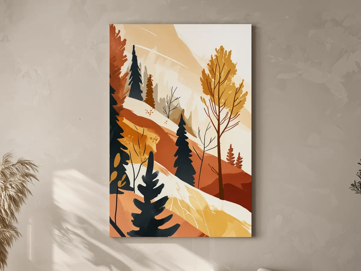 Minimalist Autumn Mountain Forest Landscape - Warm Scandinavian Wall Art