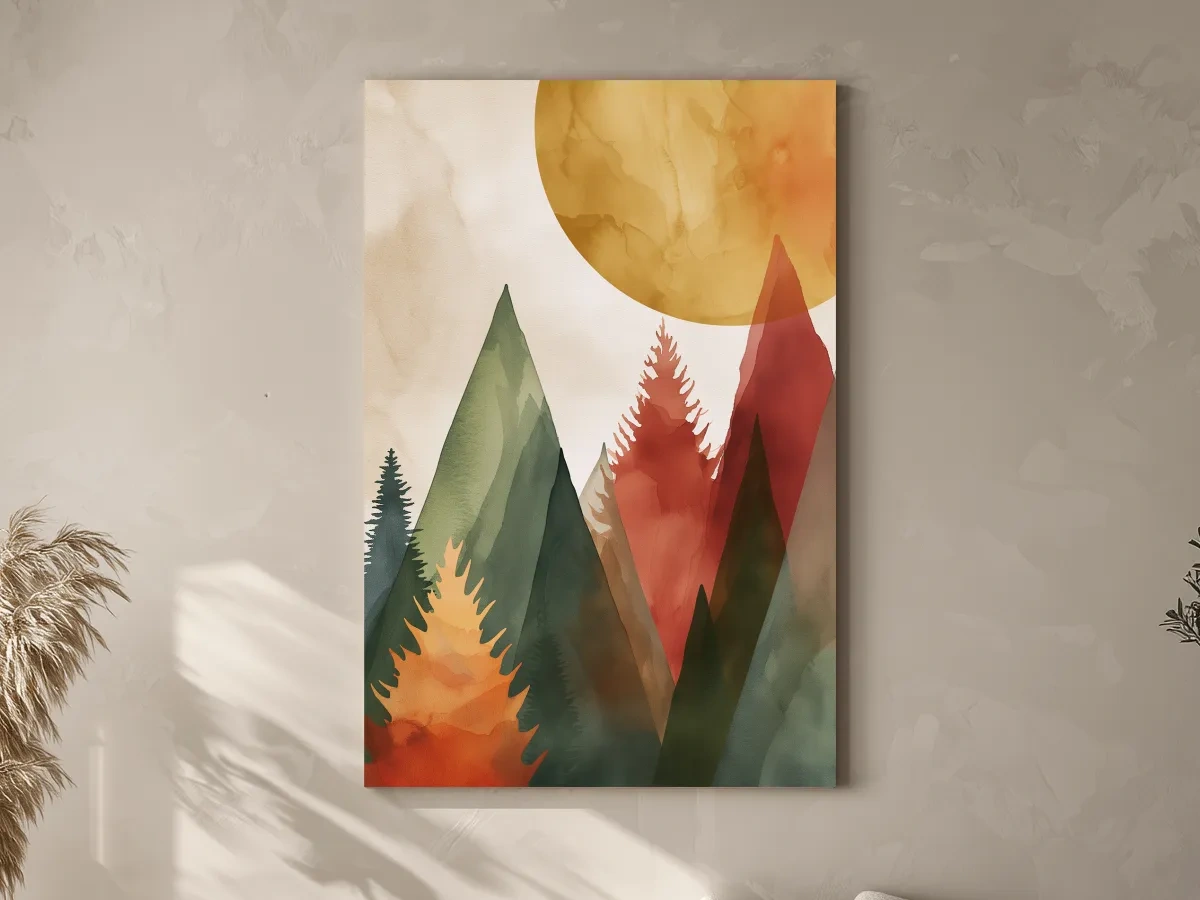 Trees and mountains under the sun, rustic boho watercolour print
