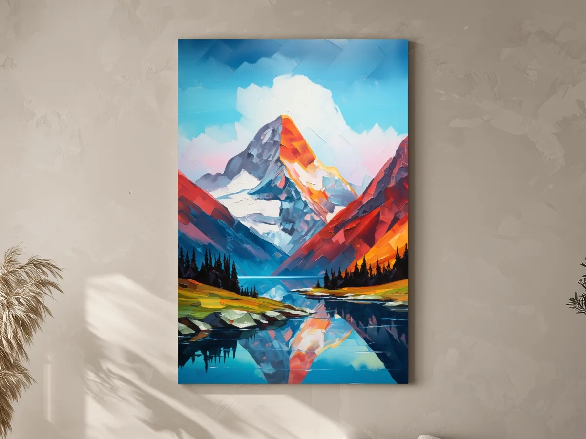 Vibrant Abstract Mountain Lake Reflection - Colorful Impasto Style Wall Art