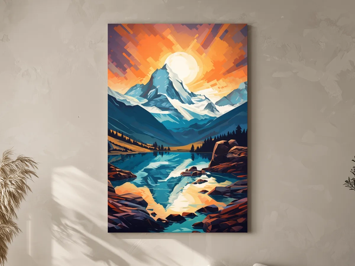 Vibrant Geometric Alpine Glacier Sunrise - Abstract Lake Landscape Wall Art