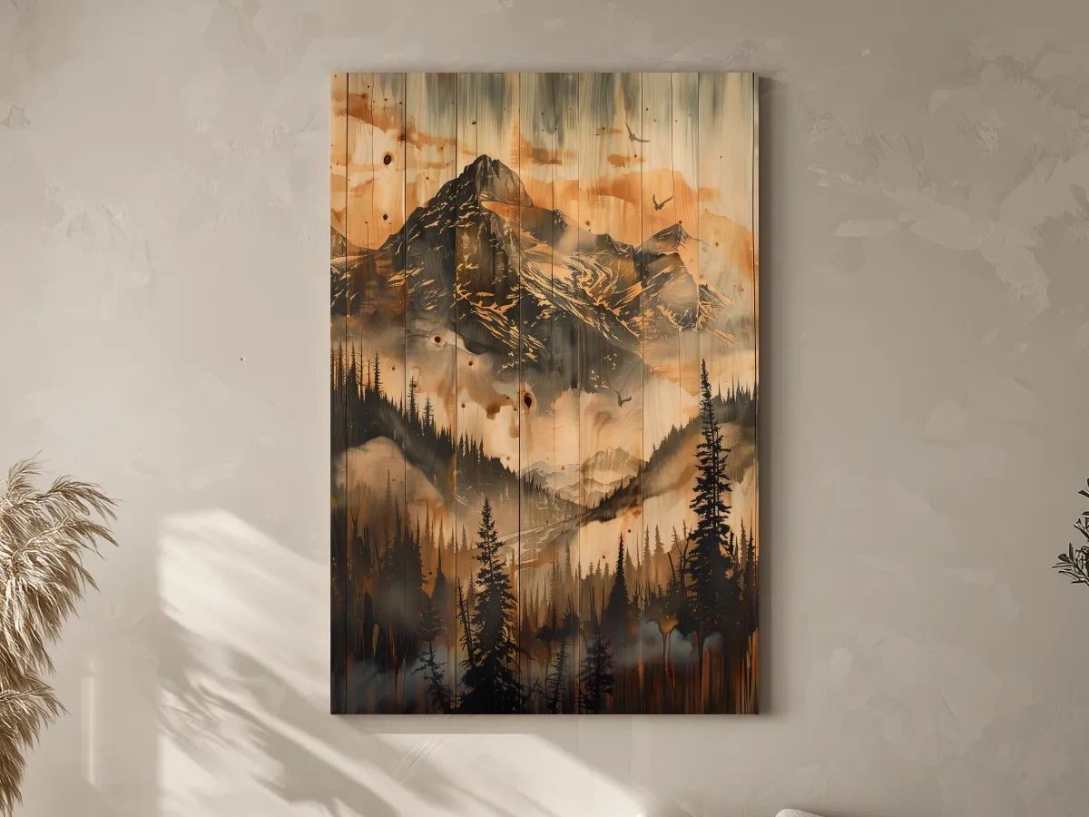 Rustic Woodgrain Mountain Landscape Painting - Sepia Misty Pine Forest Wall Art