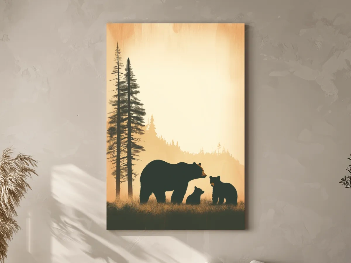 Bear Family Forest Silhouette Illustration - Minimalist Wildlife Artwork