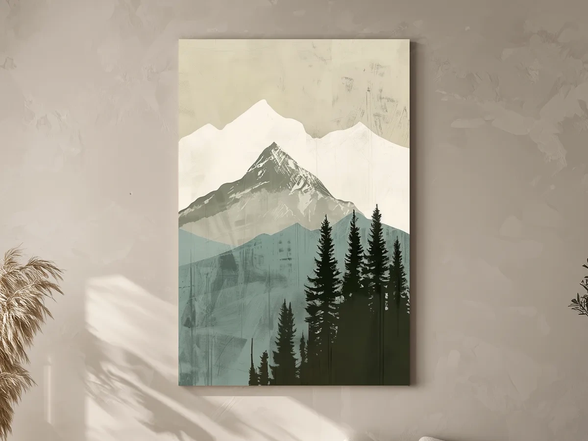 Scandinavian Mountain Peak And Pine Forest Artwork - Minimalist Landscape Wall Art