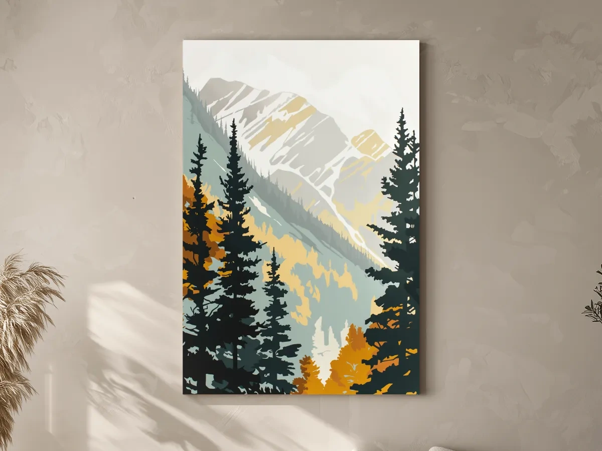 Minimalist Alpine Mountain & Pine Forest - Scandinavian Landscape Wall Art