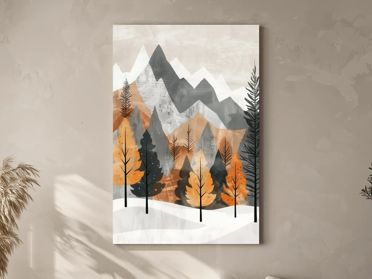 Scandinavian Autumn Mountain Forest Landscape - Minimalist Alpine Wall Art