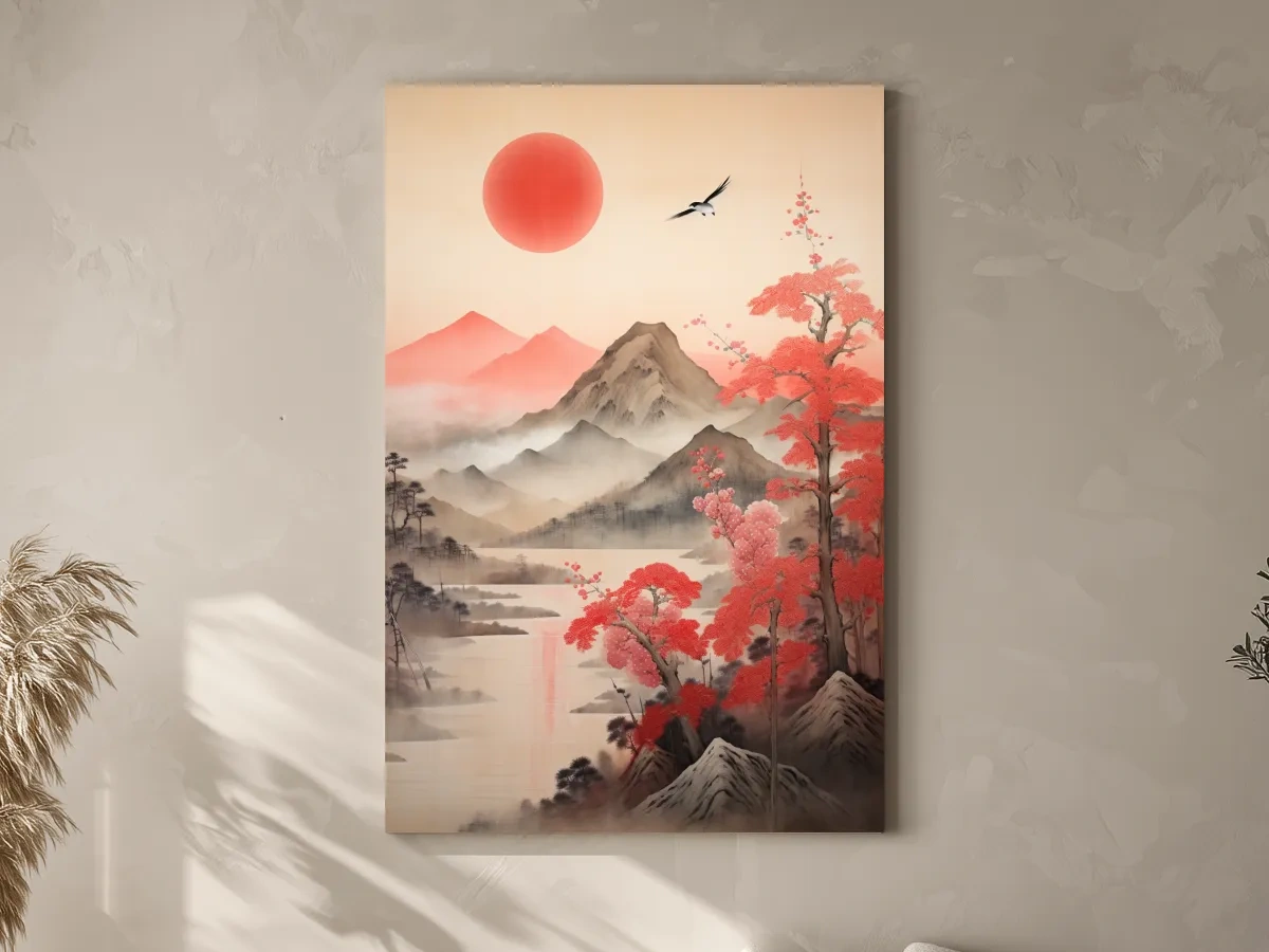Japanese Ink Wash Mountain Sunrise - Sakura Cherry Blossom Wall Art