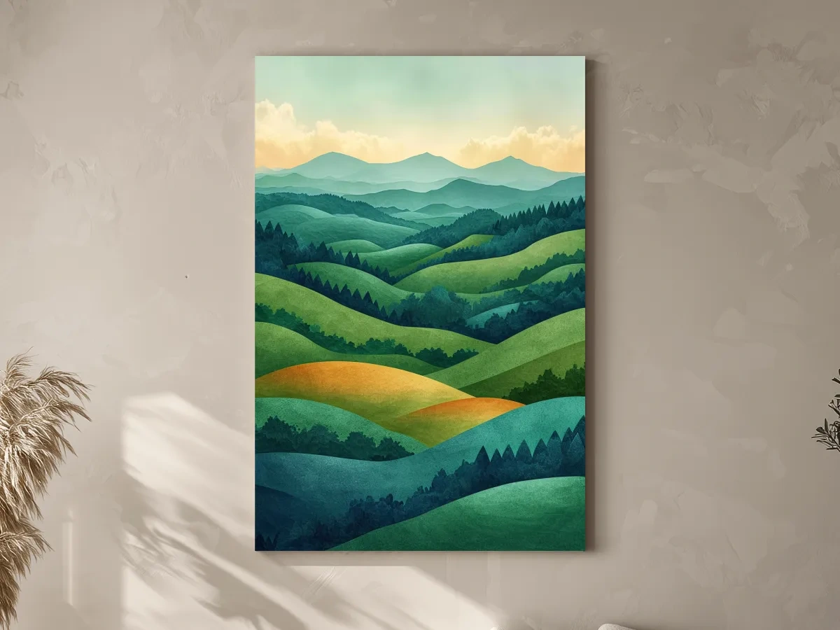 Layered Emerald Rolling Hills Landscape - Serene Scandinavian Nature Wall Art