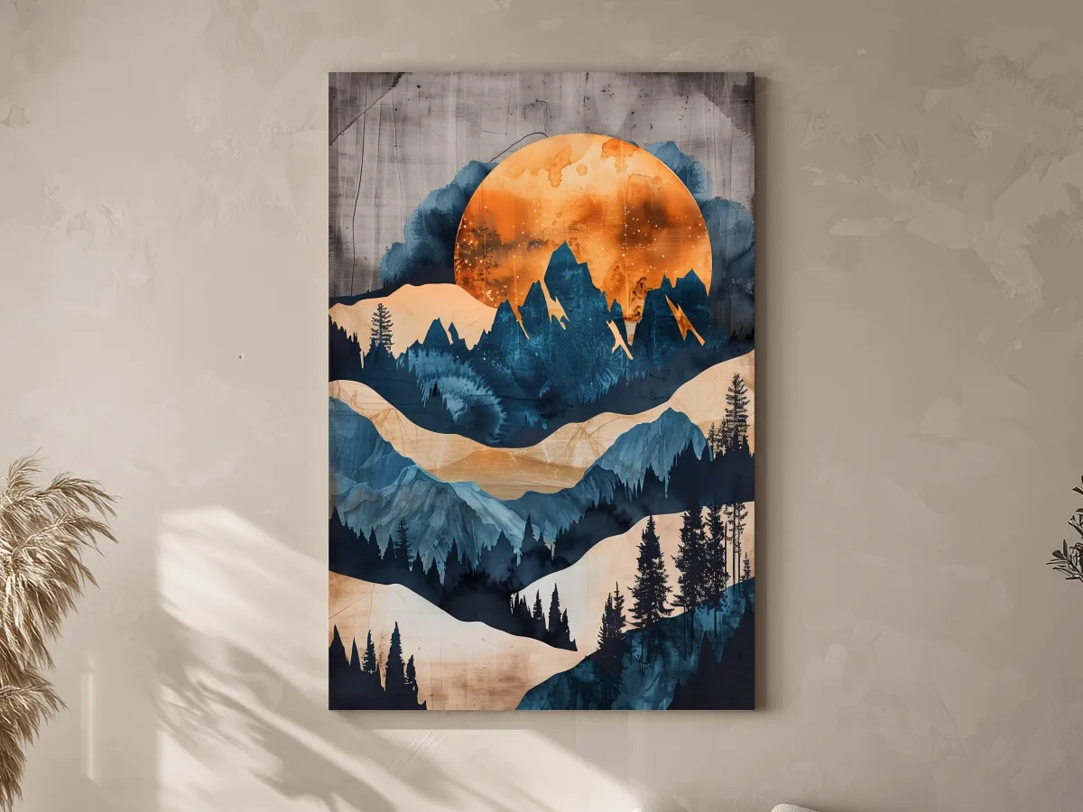 Abstract mountain and forest artwork at sunset, mixed media watercolor style art