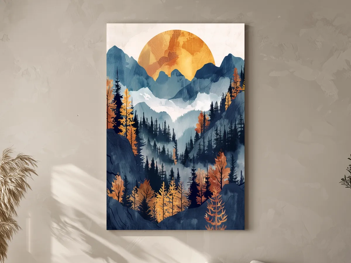 Foggy Autumn Alpine Forest Sunset - Modern Watercolor Mountain Wall Art