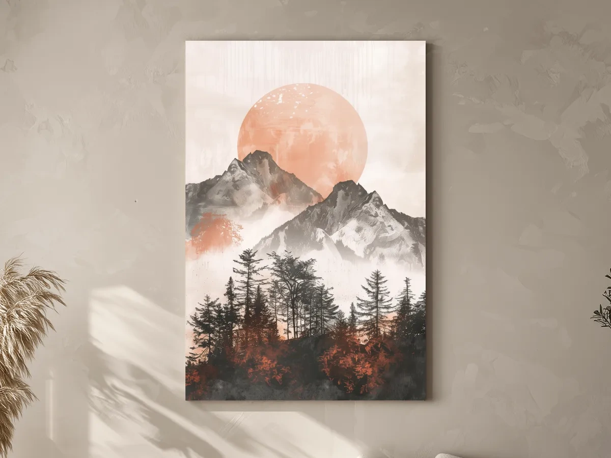 Japandi Mountain Sunrise With Pine Forest - Minimalist Watercolor Landscape Art
