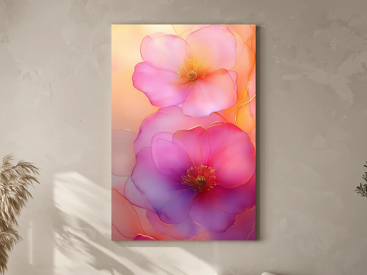 Ethereal Pink Watercolor Blossoms With Gold Accents - Floral Botanical Wall Art