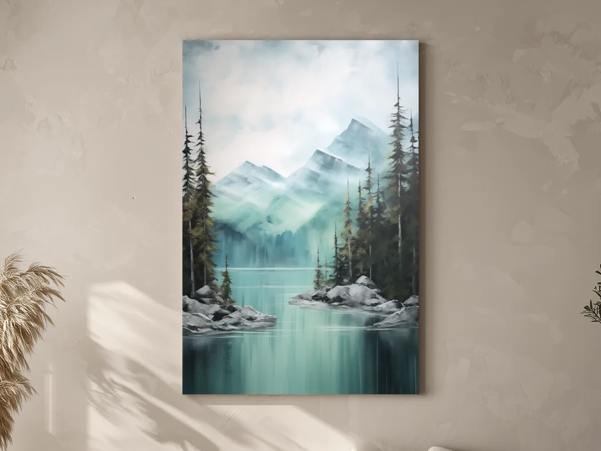 Misty Turquoise Mountain Lake Landscape - PNW Watercolor Forest Wall Art