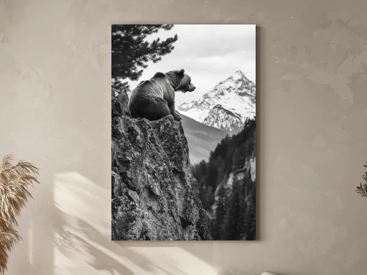 Grizzly bear taking in a mountain view, photographic wildlife wall art