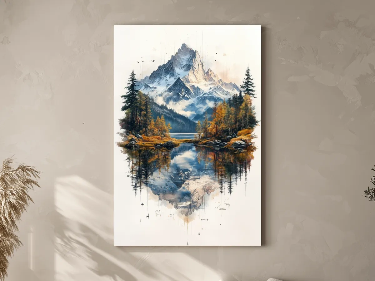 Misty Alpine Mountain Lake Painting - Autumn Pine Forest Tattoo Style Wall Art