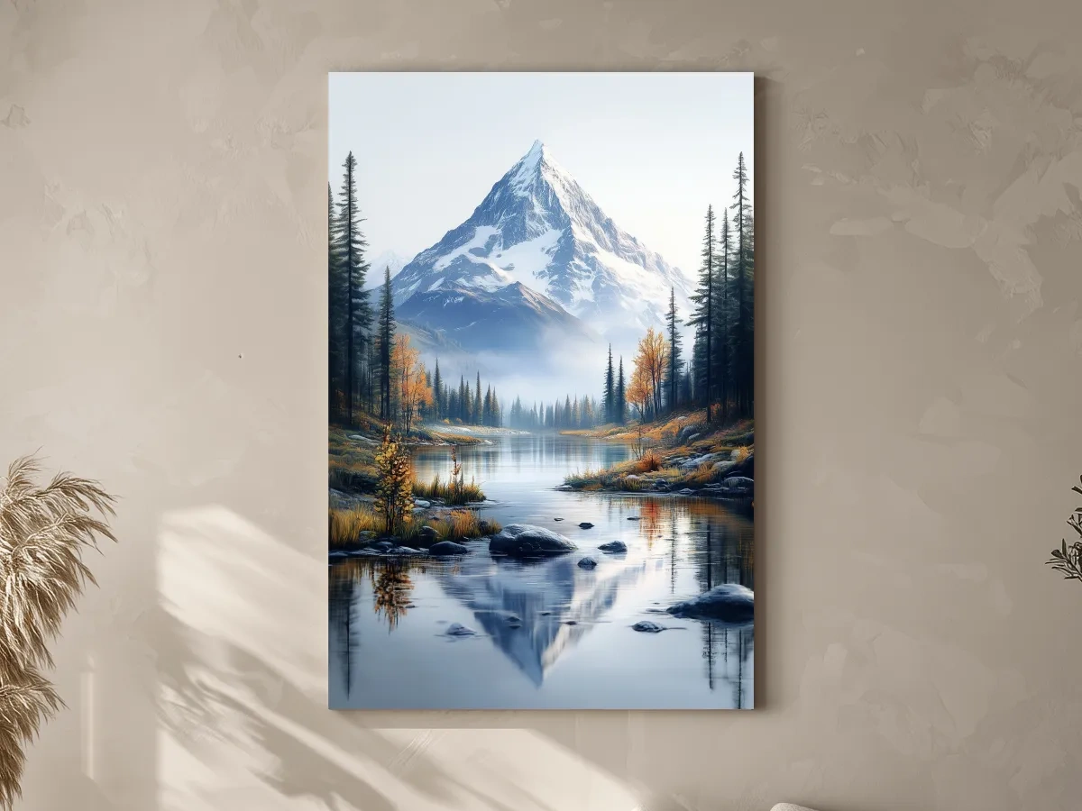 Majestic Snowcapped Mountain Lake Artwork - Serene Alpine Meadows Wall Art