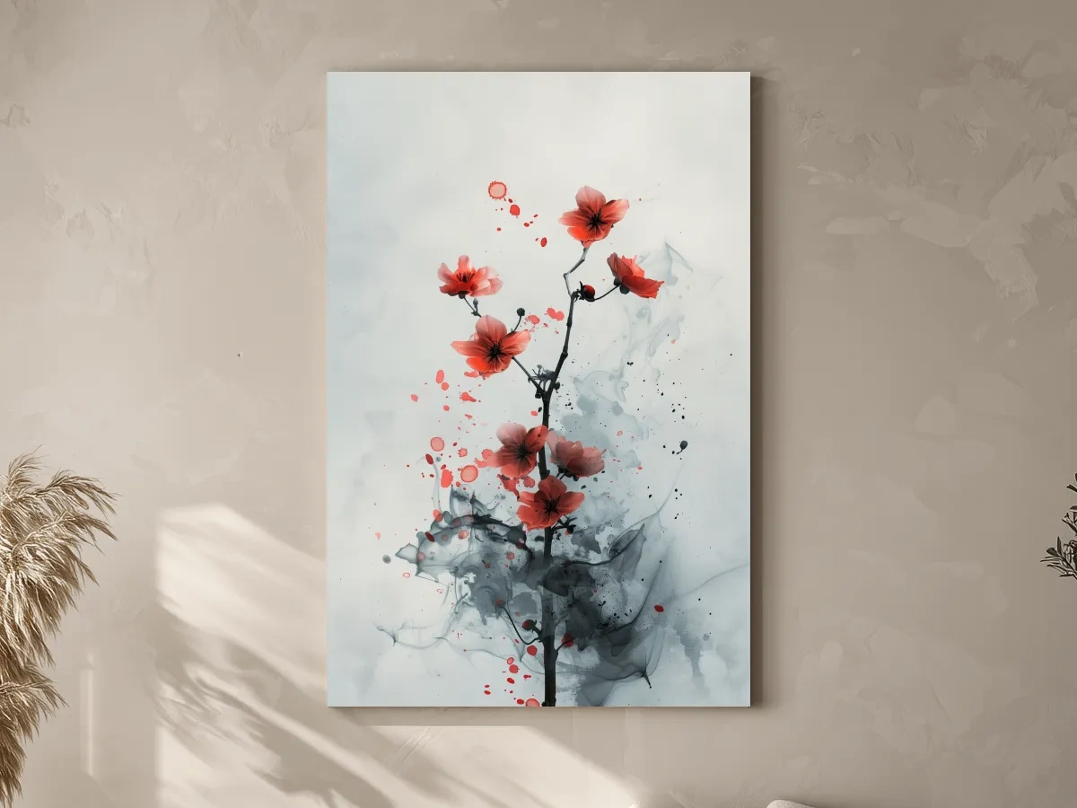 Red Cherry Blossom Ink Wash Painting - Minimalist Floral Wall Art