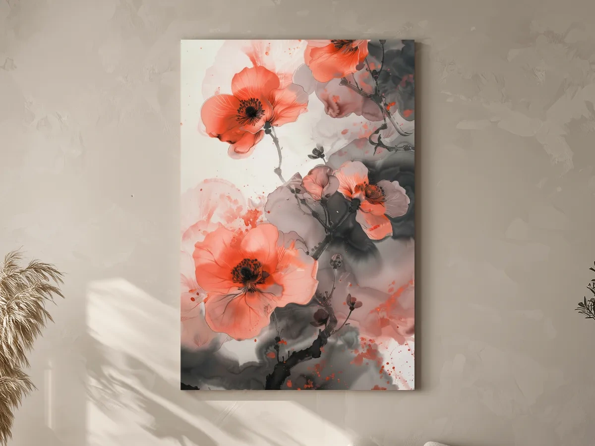 Poppy Blossom Ink Wash Painting - Floral Botanical Watercolor Artwork