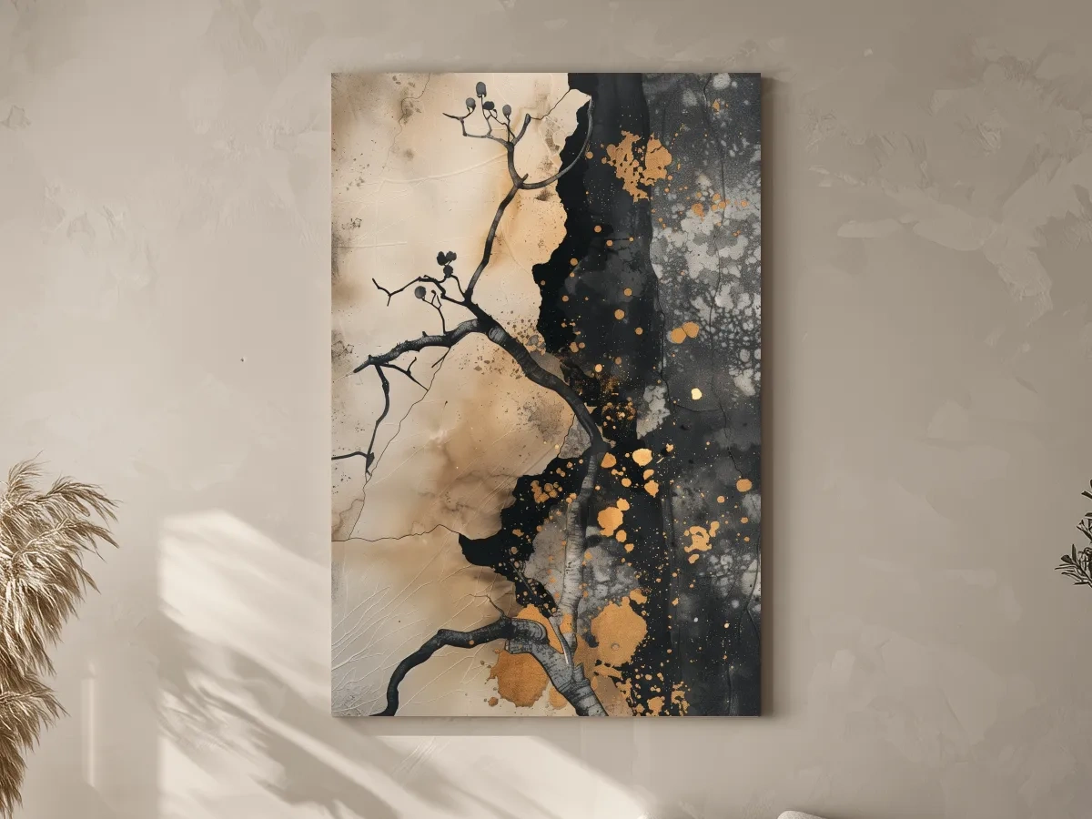 Ink Branch Silhouette With Gold Splatter - Modern Japandi Abstract Wall Art