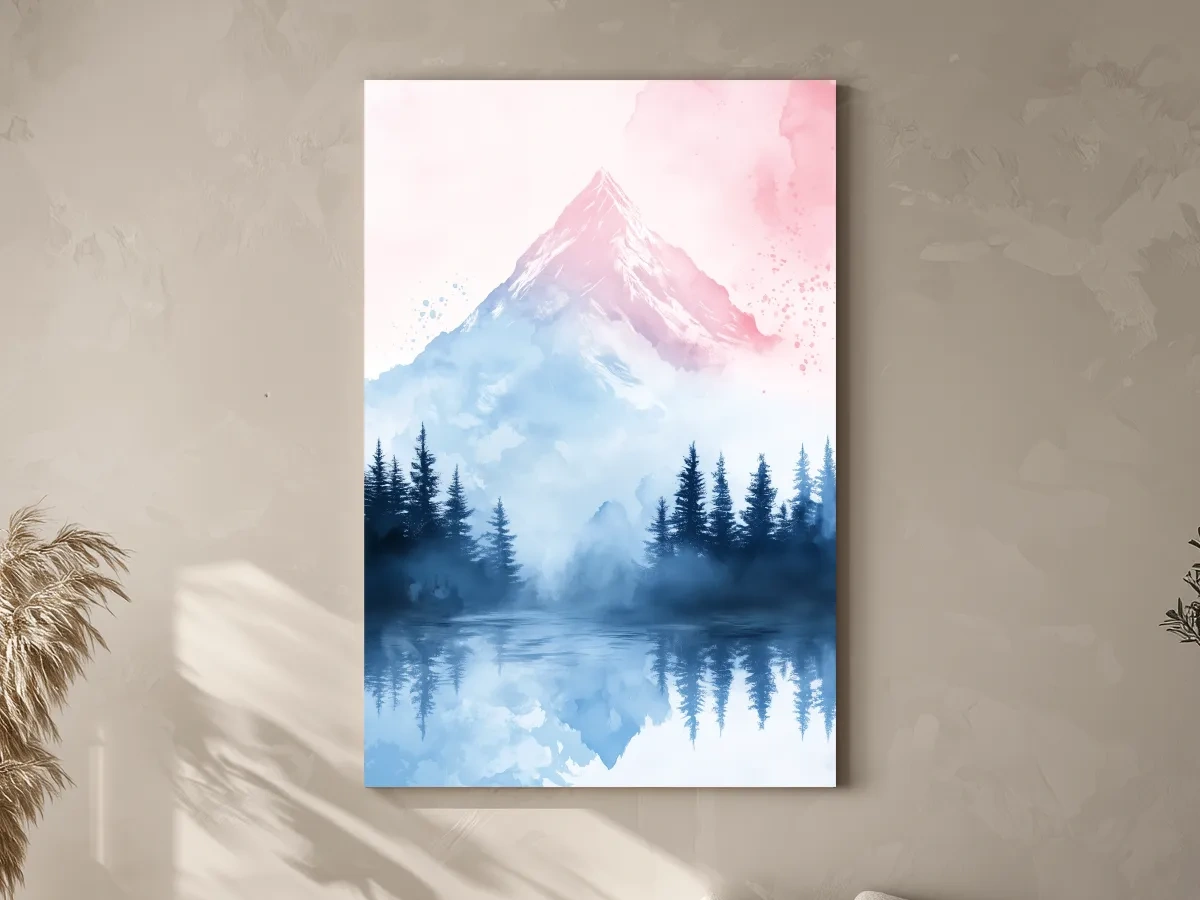 Dreamy Watercolor Alpine Lake Reflection - Pastel Forest Wall Art