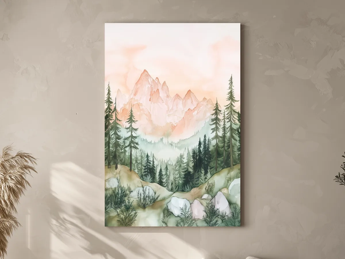 Pastel Watercolor Mountain Peaks & Pine Forest - Serene Alpine Landscape Artwork