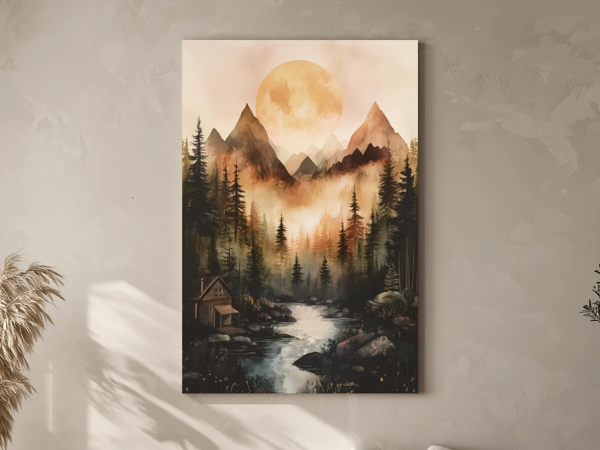 Alpine lake cabin painting, rustic watercolor effect, forest and mountains