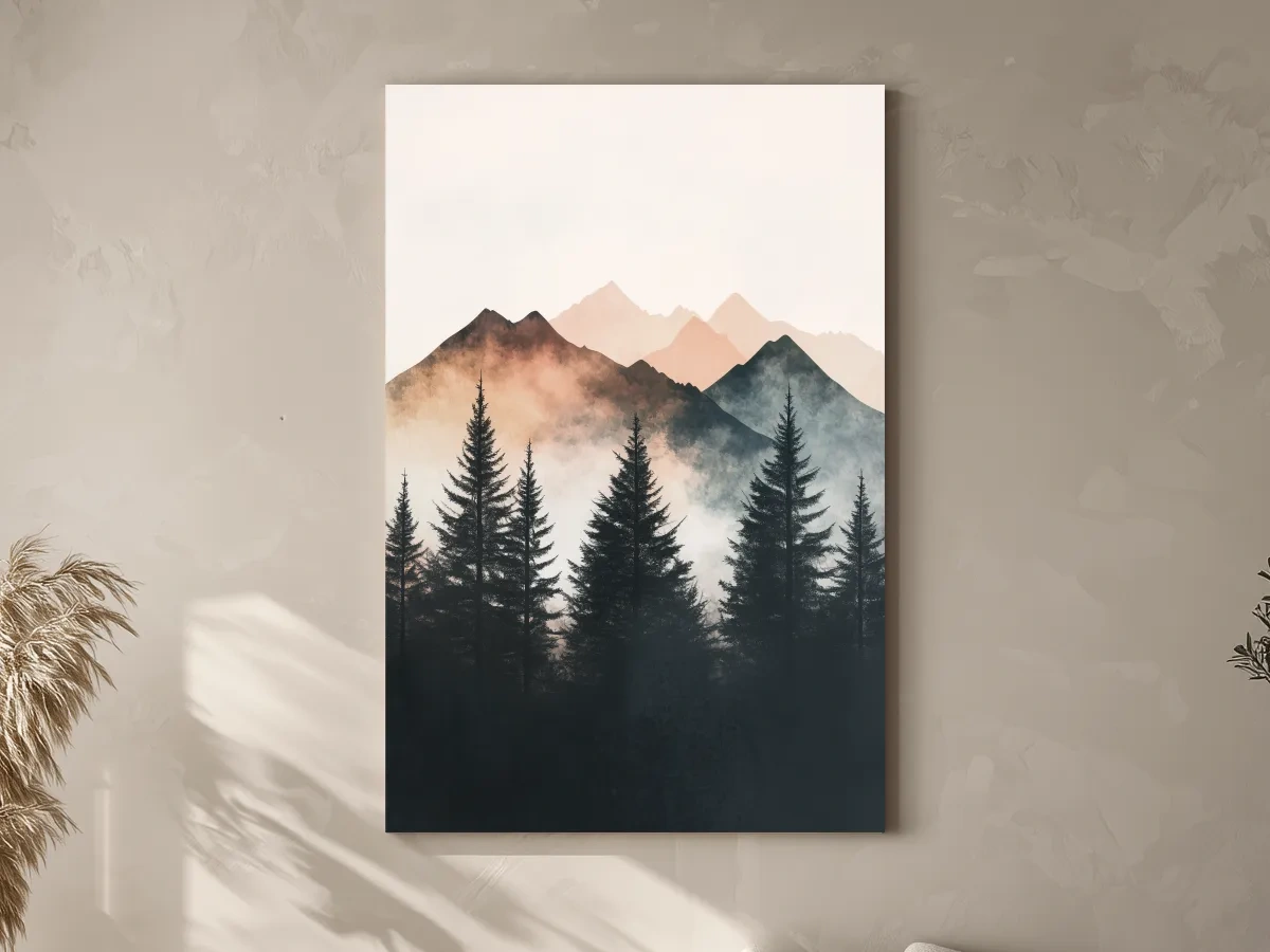 Foggy alpine forest watercolor painting, mountain art
