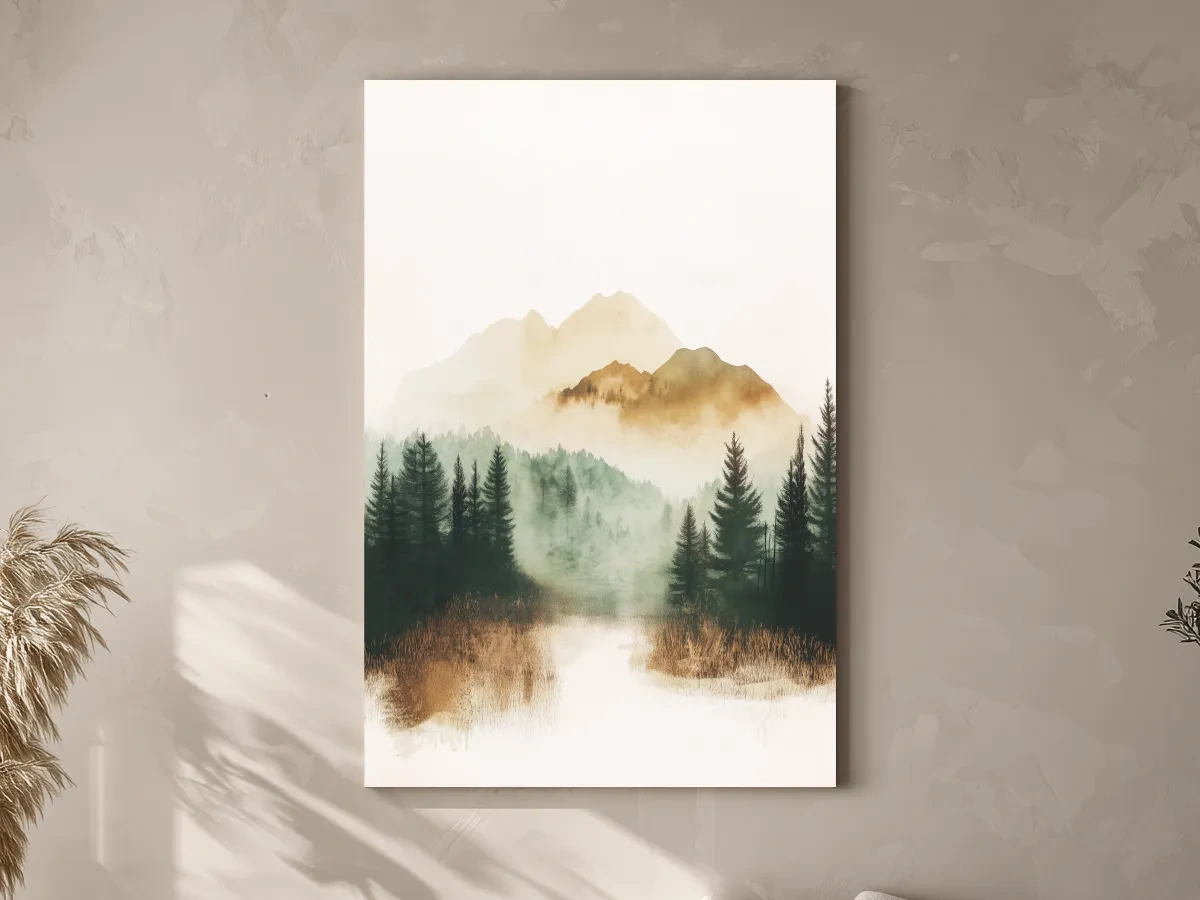 Misty Watercolor Mountain Lake & Pine Forest - Serene Nature Landscape Wall Art