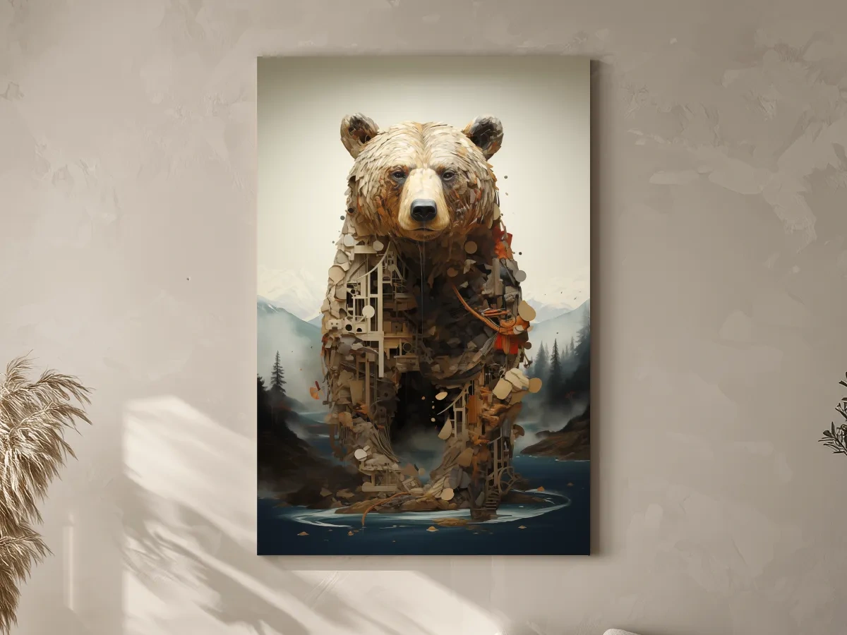 Surreal Grizzly Bear Collage Illustration - MC Escher Style Wildlife Wall Art