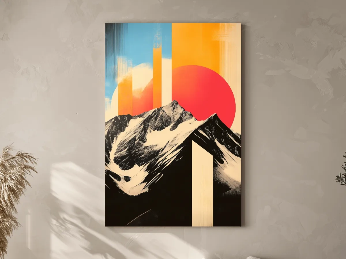 Retro Snowcapped Mountain Sunset Collage - Modern Geometric Landscape Wall Art
