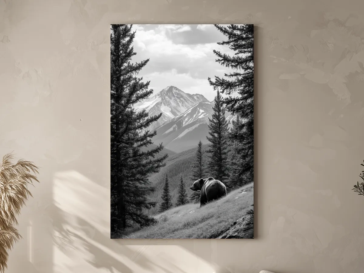 Black And White Grizzly Bear Alpine Meadow - Wilderness Nature Photography Wall Art