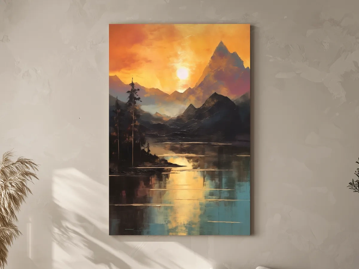 Golden Sunset Alpine Lake Reflection - Mountain Oil Painting Wall Art