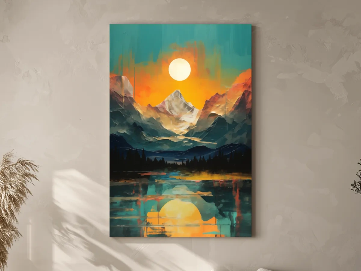 Oil painting artwork print of a mountain scene at sunset