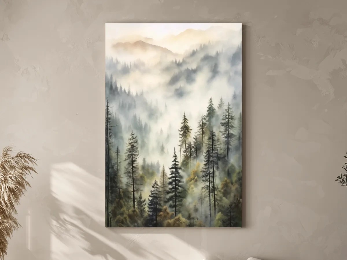 Misty Pine Forest Mountains Watercolor - Serene Foggy Landscape Wall Art