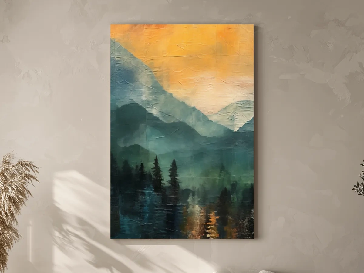 Rustic Misty Mountain Lake Reflection - Textured Watercolor Style Sunset Wall Art