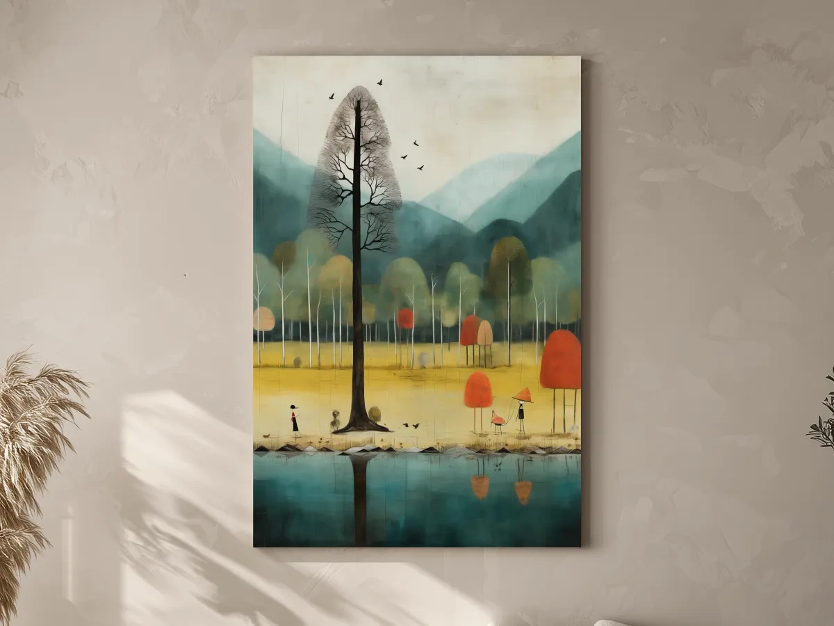 Whimsical Autumn Forest Lake Landscape - Quirky Nature Wall Art