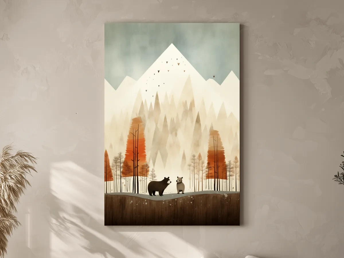 Whimsical Bear Family Autumn Forest Illustration - Nursery Woodland Wall Art