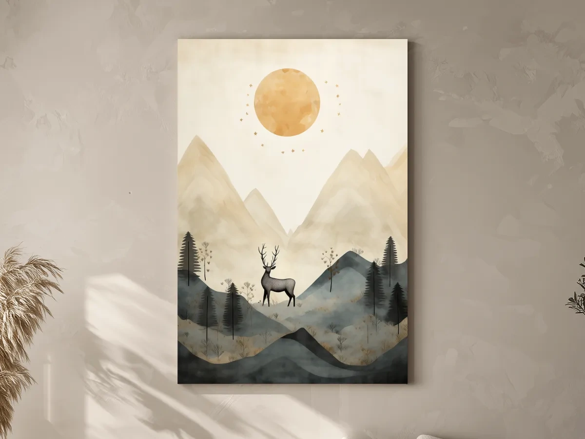 Deer standing in the forest under the night sky, quirky illustration art