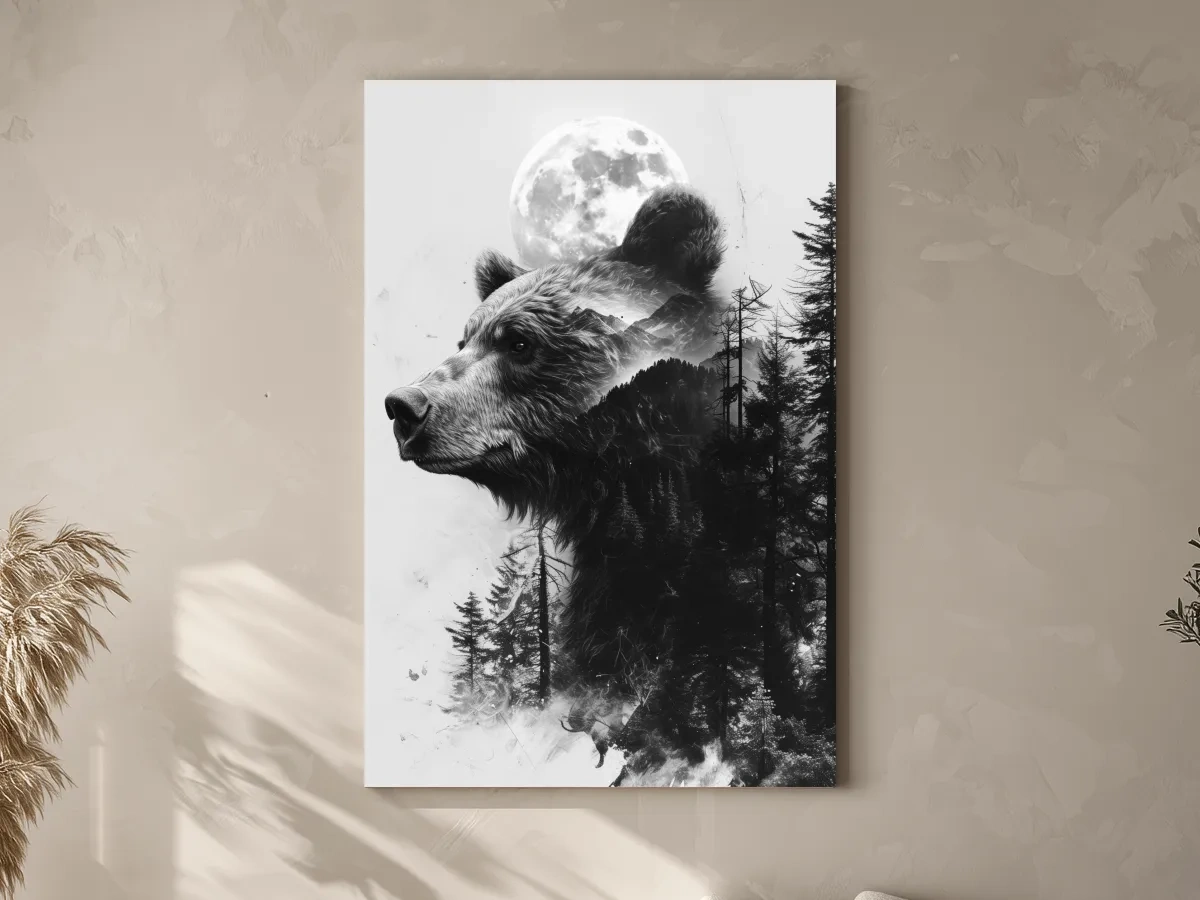 Grizzly Bear Double Exposure Drawing - Moonlit Pine Forest Wildlife Wall Art