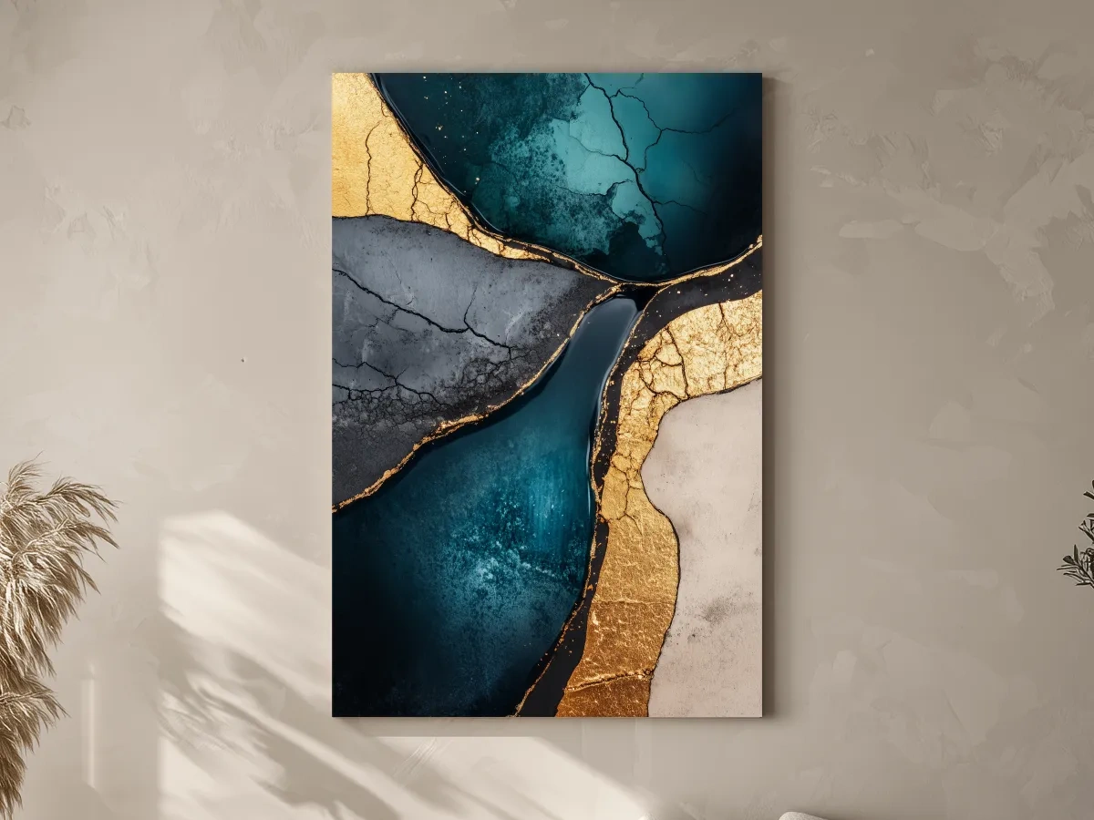 Teal Gold Geode Resin Abstract - Elegant Gold Marble Wall Art