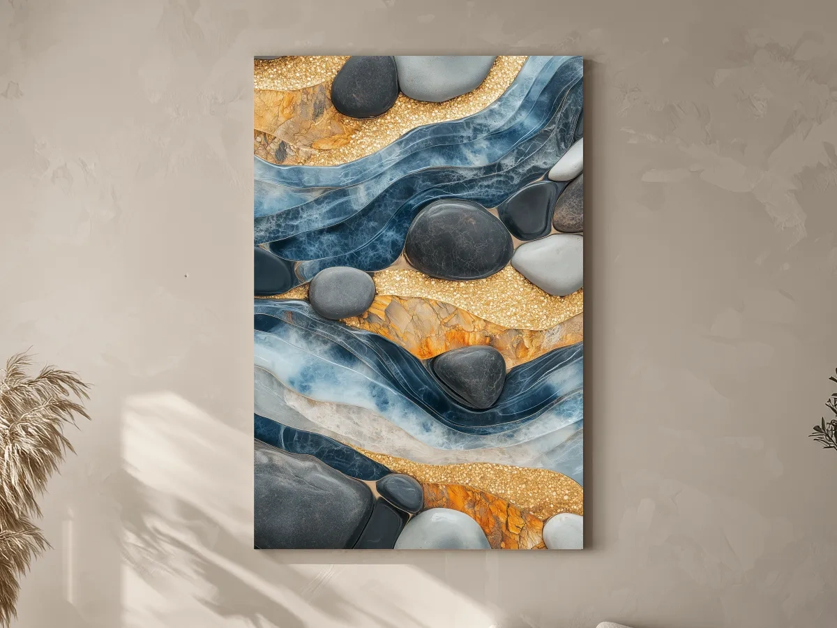 Abstract Blue River Stone Mosaic - Modern Pebble Texture Wall Art