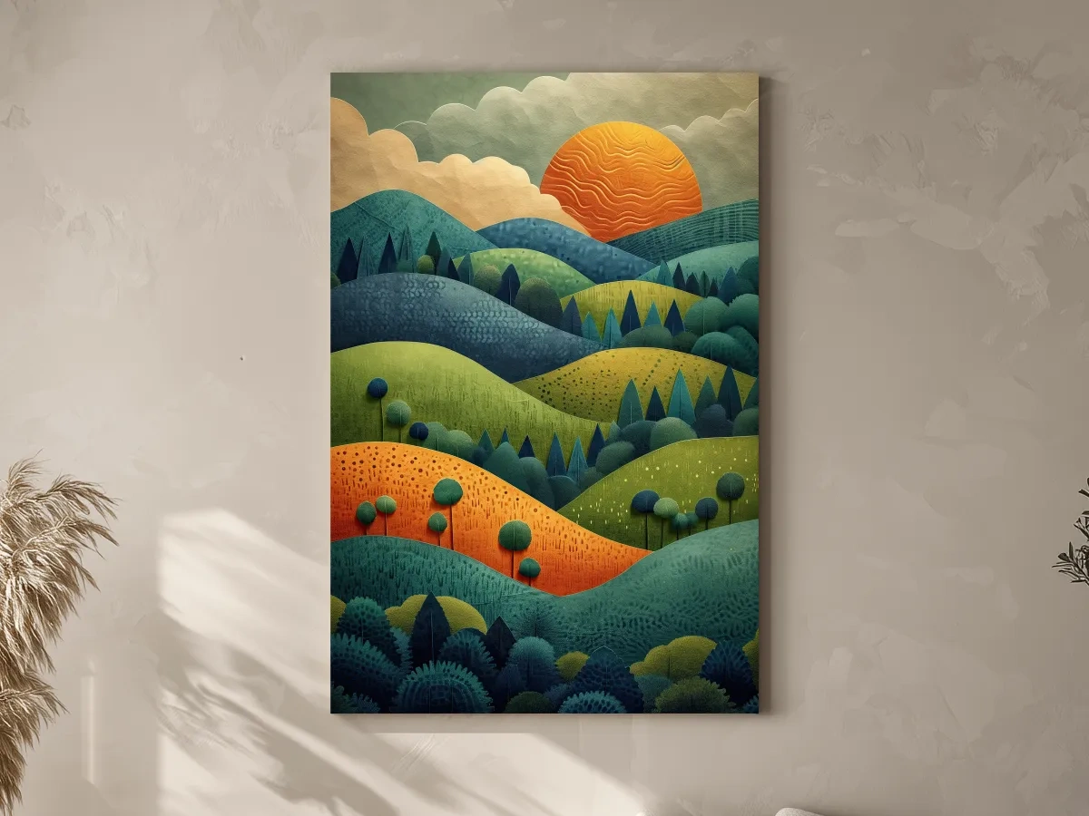 Rolling hills and trees at sunset mountain artwork, 3d layered paper cutout effect