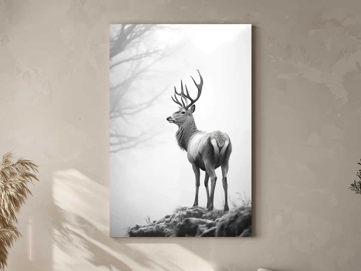 Black and white photograph of a majestic deer on a winter morning, serene wildlife artwork