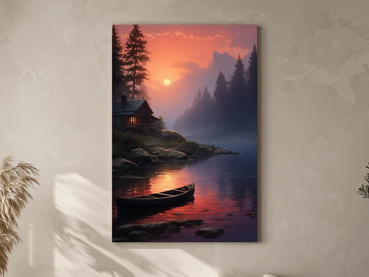 Lakeside Cabin Sunset Landscape - Cinematic Mountain Lake Wall Art