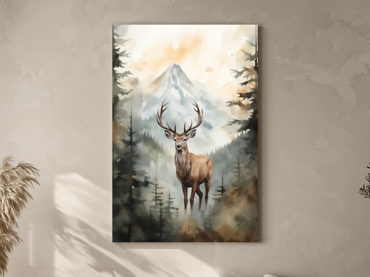 Watercolor Stag In Misty Mountain Forest - Serene Wildlife Wall Art