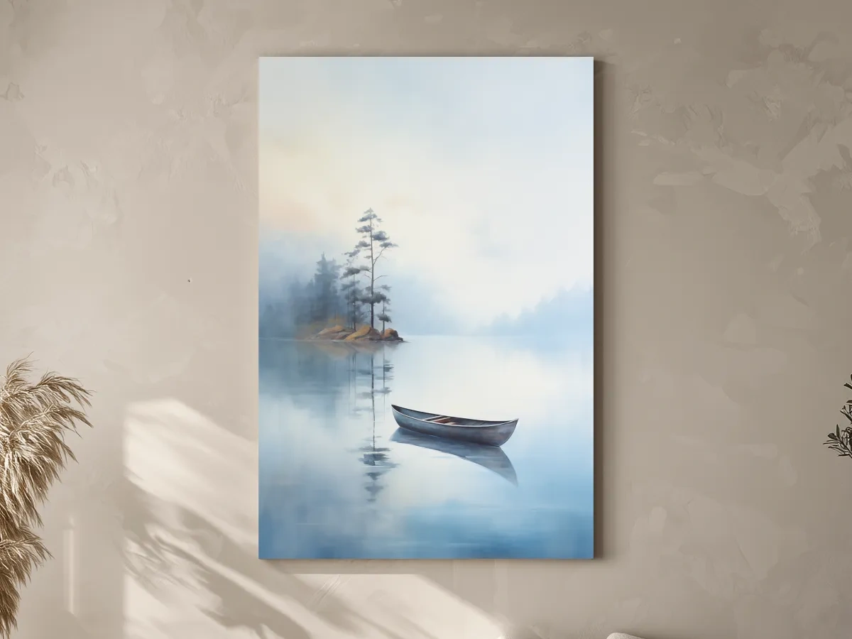 Misty Lake Canoe Painting - Serene Minimalist Watercolor Wall Art