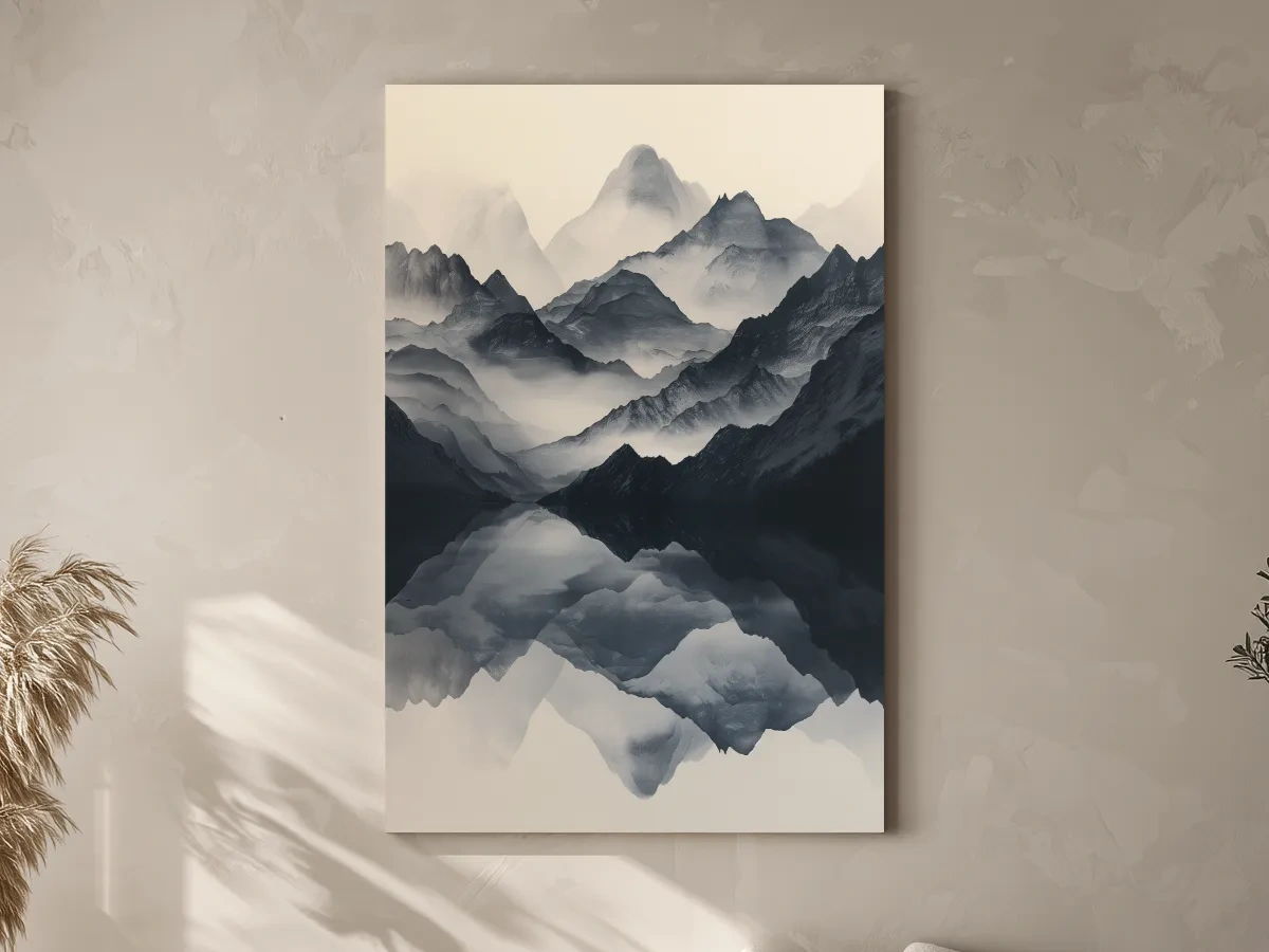 Monochrome Misty Mountain Reflection Landscape - Minimalist Japandi Wall Art