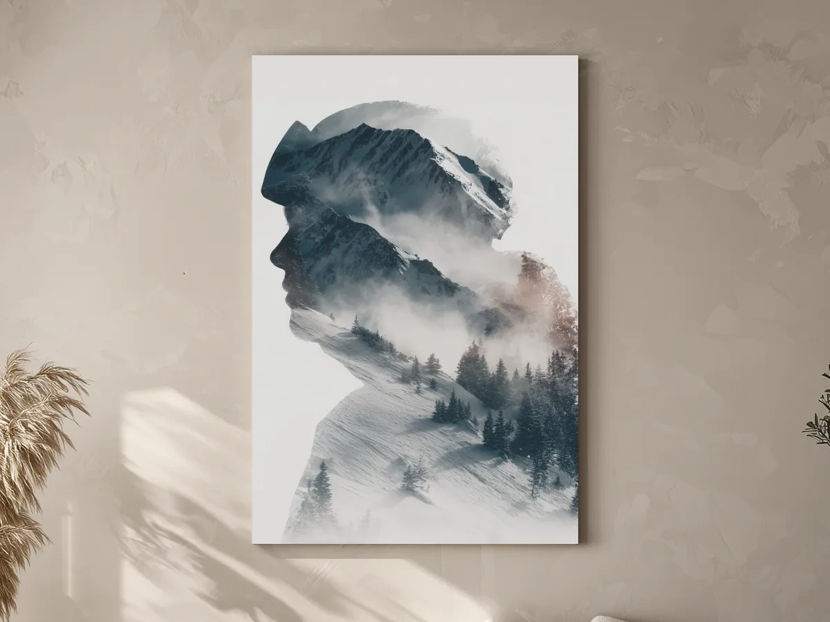 Surreal Double Exposure Skier & Mountain Portrait - Moody Misty Alpine Forest Wall Art