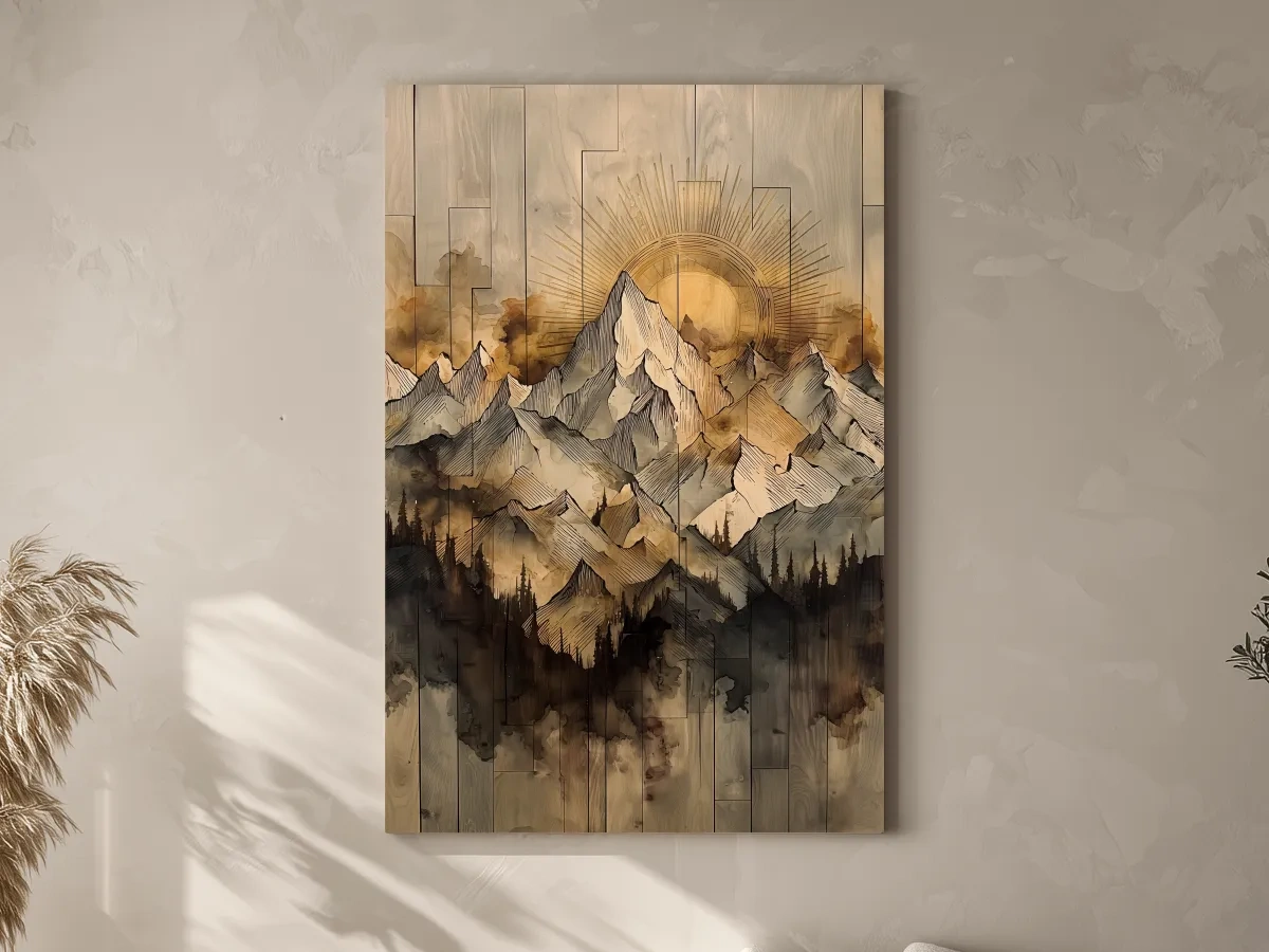 Sunrise Alpine Mountain Range Illustration - Rustic Watercolor Landscape Wall Art
