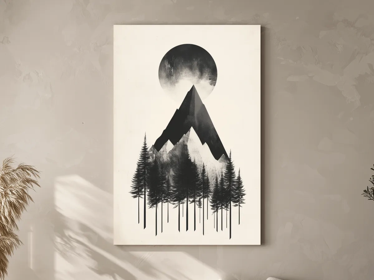 Minimalist Monochrome Mountain Peak & Pine Forest - Modern Scandinavian Style Wall Art