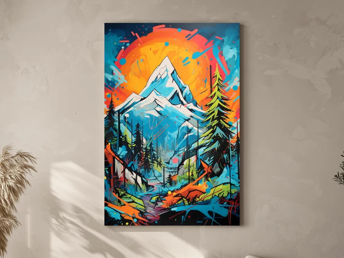 Vibrant Abstract Mountain Sunset Graffitti Painting - Colorful Pop Art Alpine Wall Art